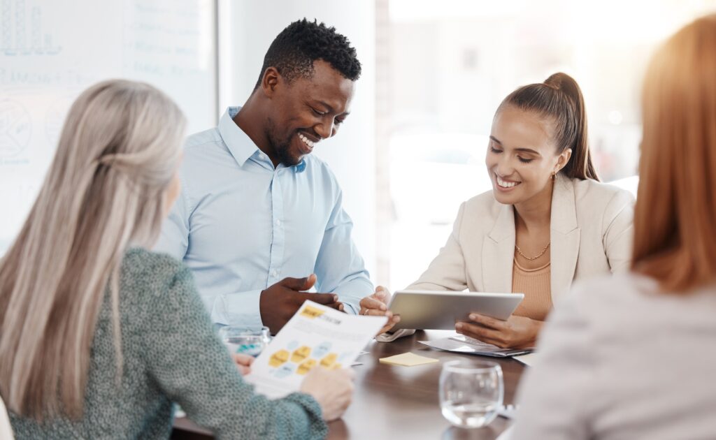 Corporate, business meeting and tablet planning with happy feedback from management. Office people